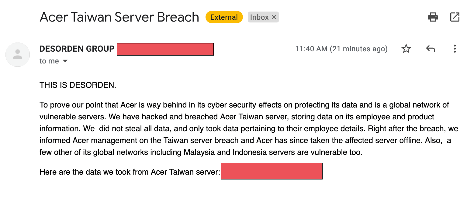 Ransom Note to Acer Taiwan from Desorden Group